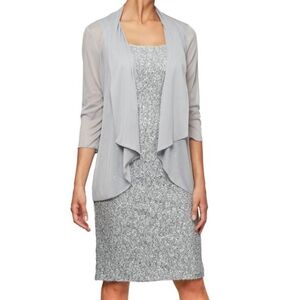 Alex Evenings Silver Sequined Lace Sheath Dress w Sheer Chiffon Overlay Jacket